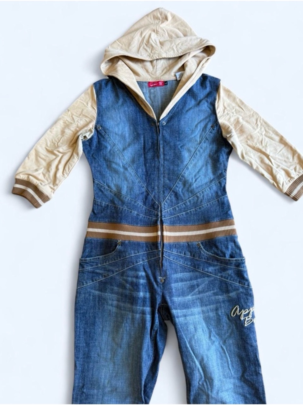 Y2K Apple Bottom Jeans Blue Denim Zip-Up Hooded Jumpsuit Women’s Large